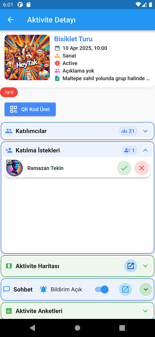 Katılım istekleri yönetim ekranı